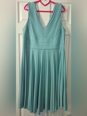 Adrianna Papell Light Aqua Pleated V-Neck Midi Dress